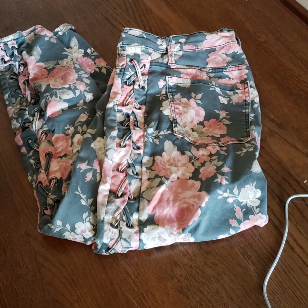 Green and pink floral jeans